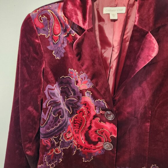 Coldwater Creek Velvet Style Rich Burgundy Color Floral Blazer Jacket - Size 12 - Picture 5 of 11